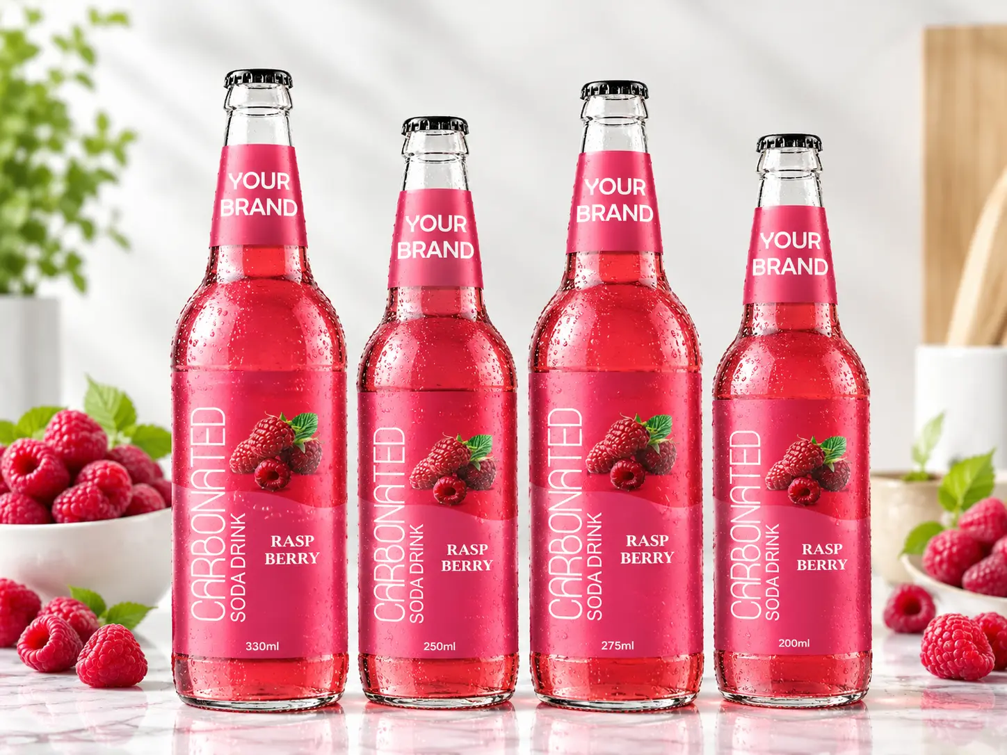 CARBONATED SODA DRINK Raspberry flavour in 330ml, 250ml, 275ml and 200ml glass bottles.